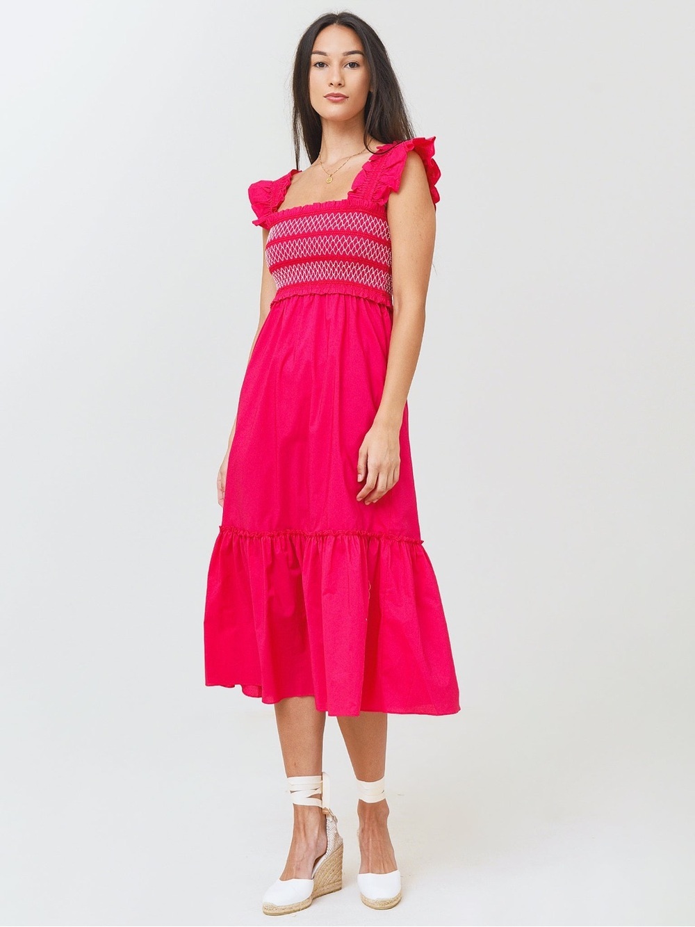BB Dakota Hot Pink Smocked Midi Dress
